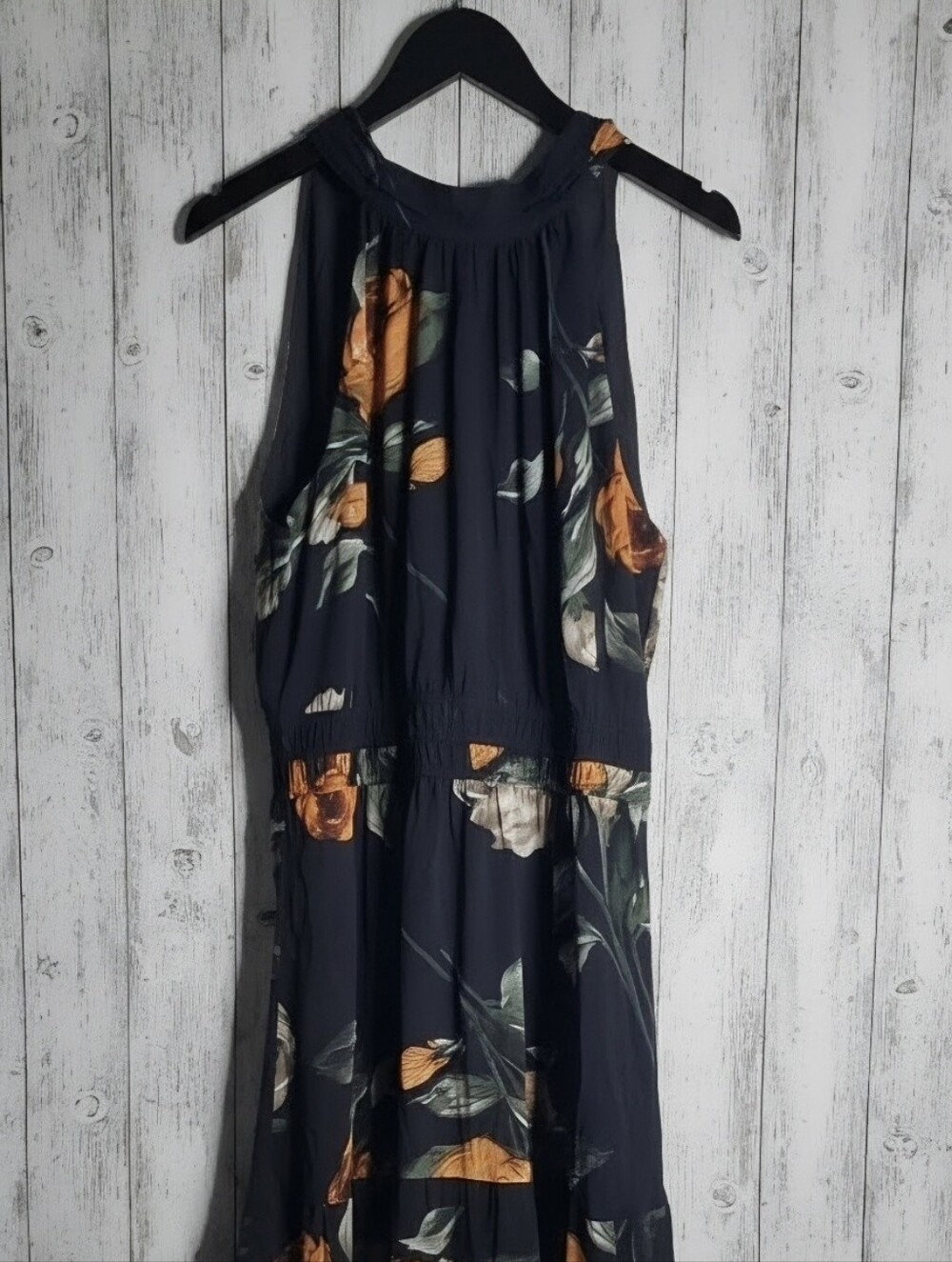 Simple Black Floral Halter Maxi Dress with Orange & Green Accents